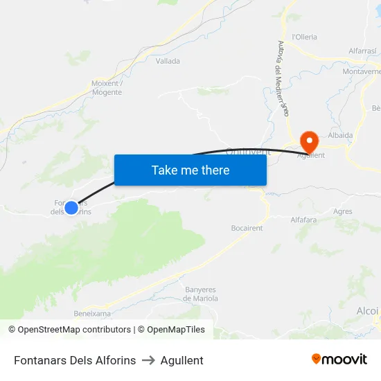 Fontanars Dels Alforins to Agullent map