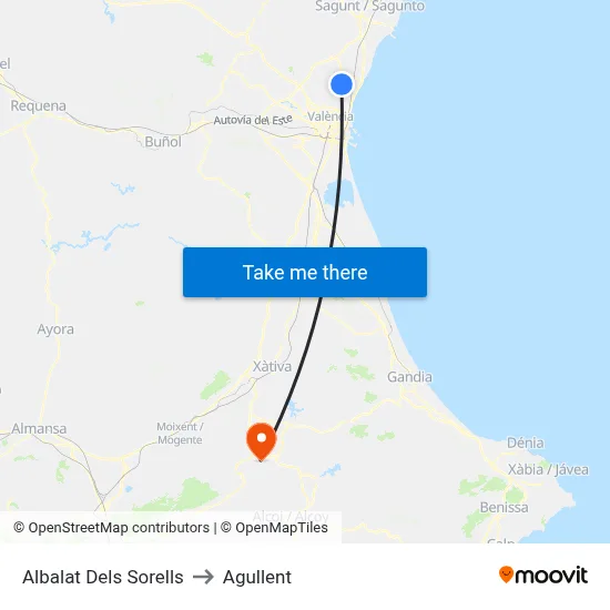 Albalat Dels Sorells to Agullent map