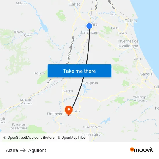 Alzira to Agullent map