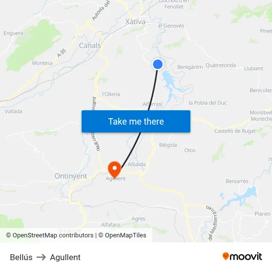 Bellús to Agullent map