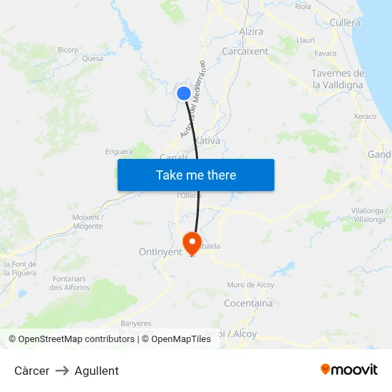 Càrcer to Agullent map