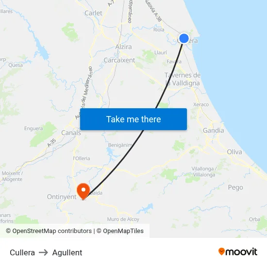 Cullera to Agullent map