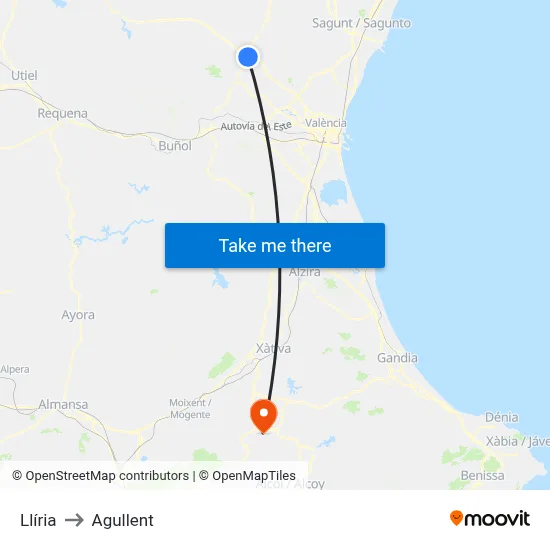 Llíria to Agullent map