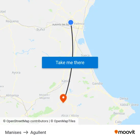 Manises to Agullent map