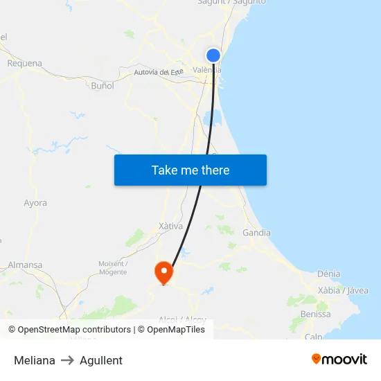Meliana to Agullent map