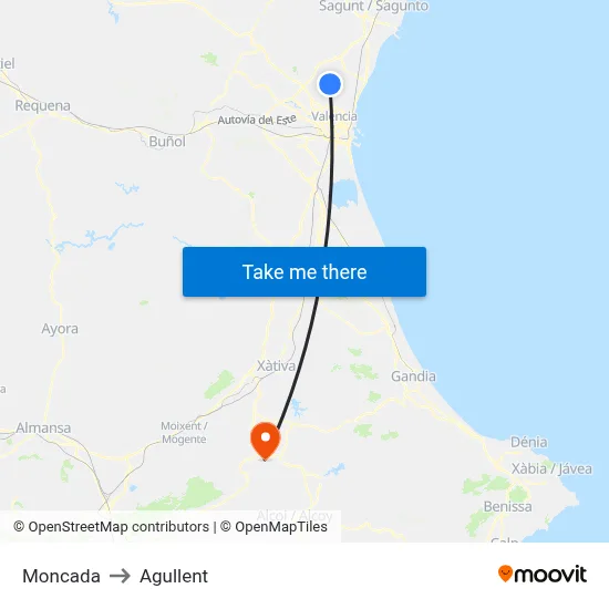 Moncada to Agullent map