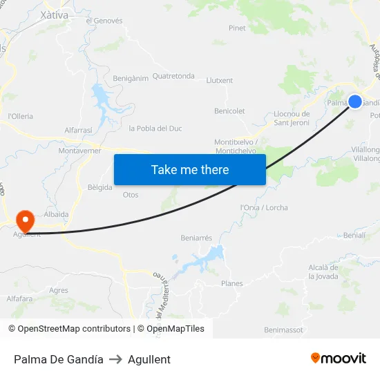Palma De Gandía to Agullent map