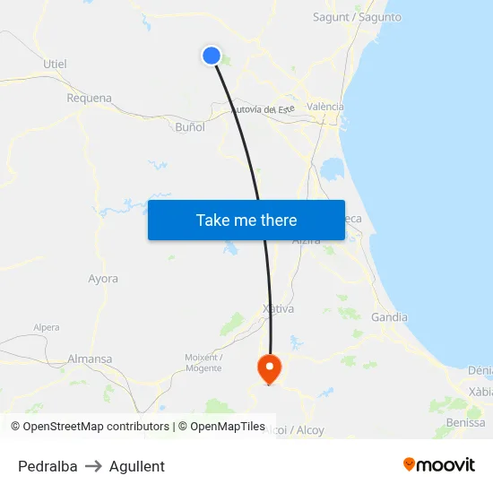 Pedralba to Agullent map