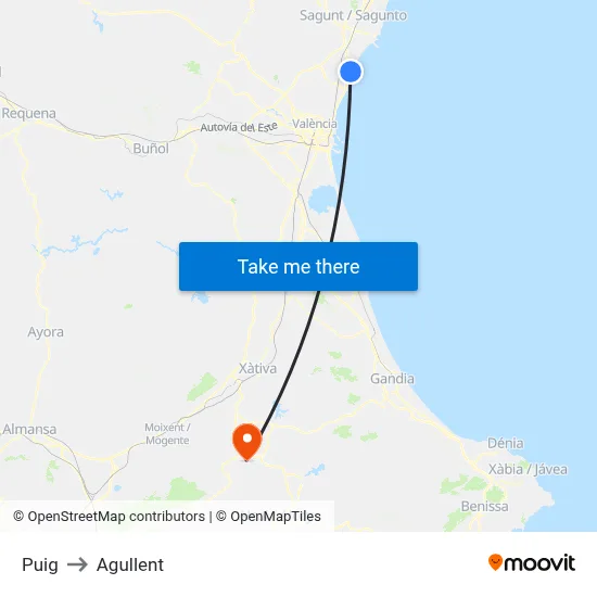 Puig to Agullent map