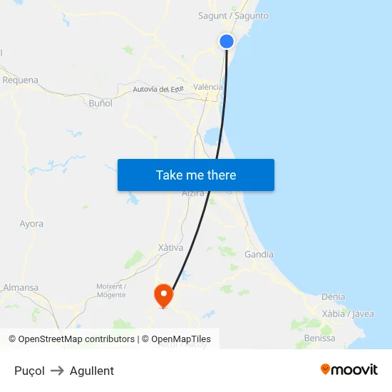 Puçol to Agullent map