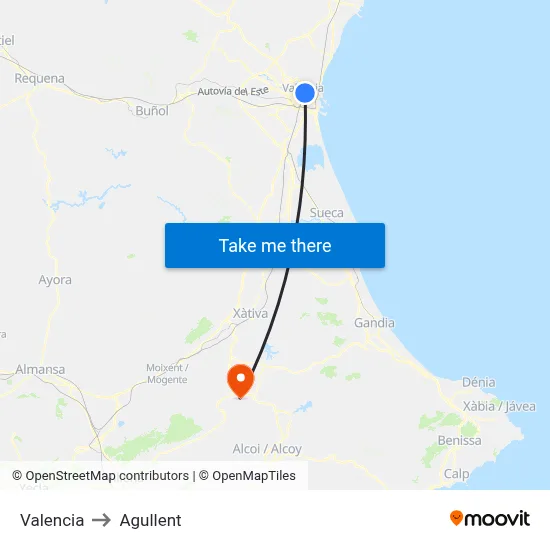 Valencia to Agullent map