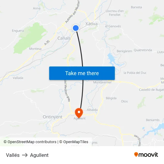 Vallés to Agullent map