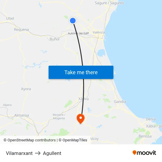 Vilamarxant to Agullent map