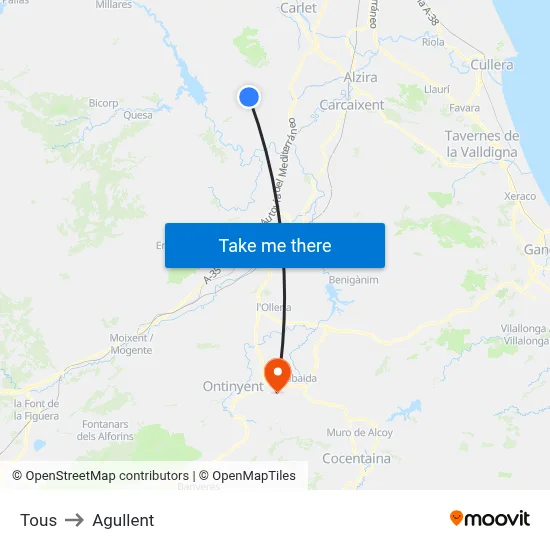 Tous to Agullent map