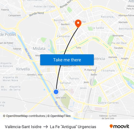 València-Sant Isidre to La Fe "Antigua" Urgencias map