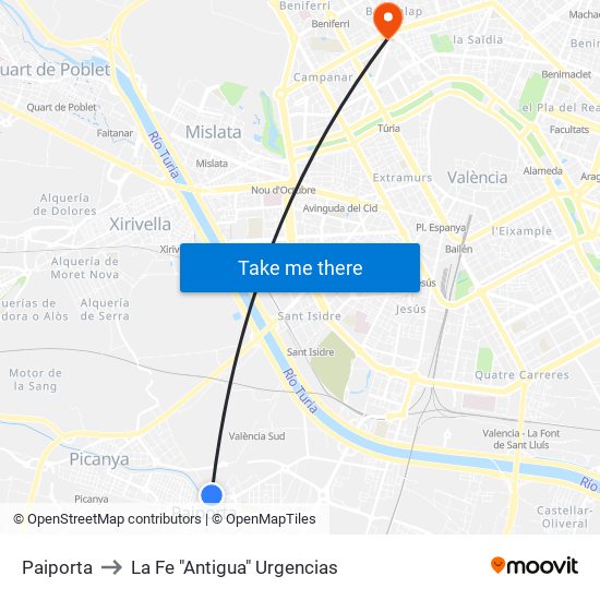 Paiporta to La Fe "Antigua" Urgencias map