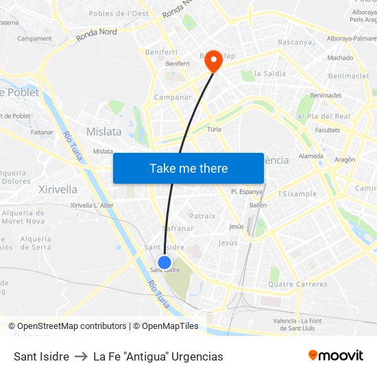 Sant Isidre to La Fe "Antigua" Urgencias map