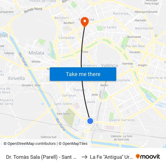 Dr. Tomàs Sala (Parell) - Sant Vicent Màrtir to La Fe "Antigua" Urgencias map