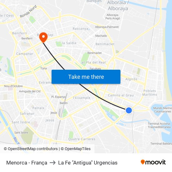 Menorca - França to La Fe "Antigua" Urgencias map