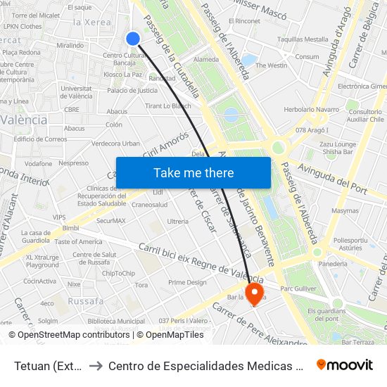 Tetuan (Exterior) to Centro de Especialidades Medicas Monteolivete map