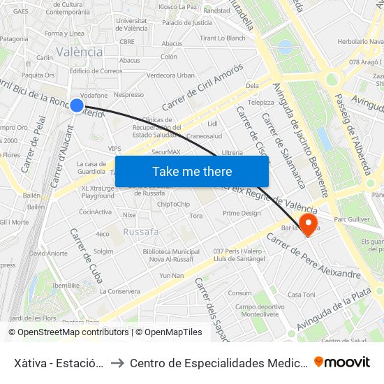 Xàtiva - Estació Del Nord to Centro de Especialidades Medicas Monteolivete map