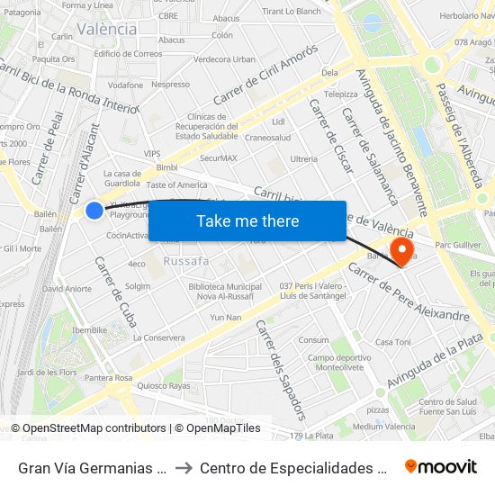 Gran Vía Germanias Nº 41 [València] to Centro de Especialidades Medicas Monteolivete map