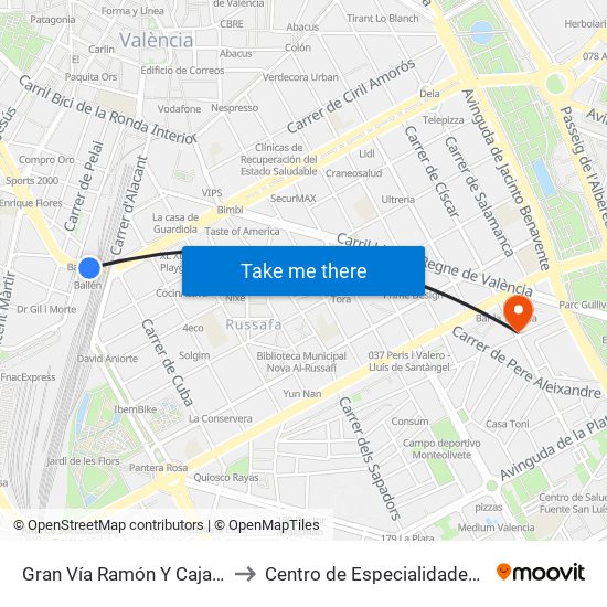 Gran Vía Ramón Y Cajal - C/ Bailén [València] to Centro de Especialidades Medicas Monteolivete map