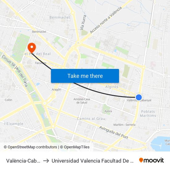 València-Cabanyal to Universidad Valencia Facultad De Enfermeria map