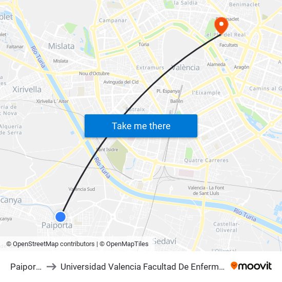 Paiporta to Universidad Valencia Facultad De Enfermeria map