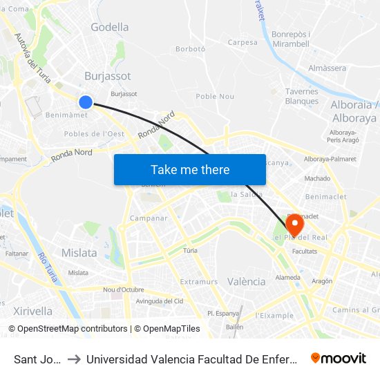 Sant Joan to Universidad Valencia Facultad De Enfermeria map
