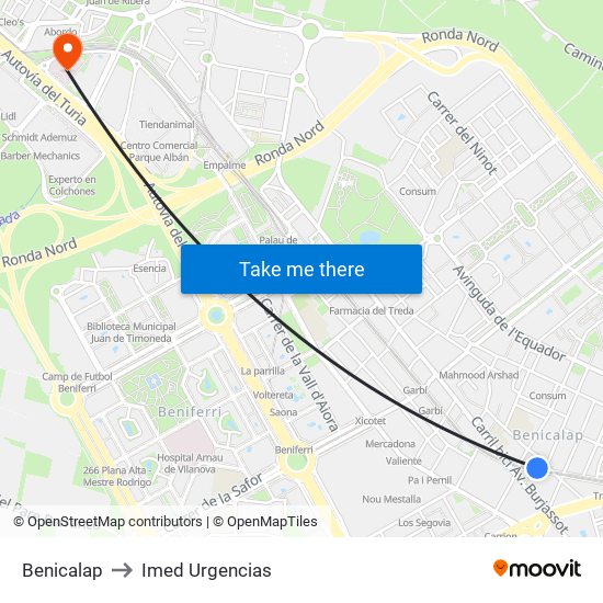 Benicalap to Imed Urgencias map