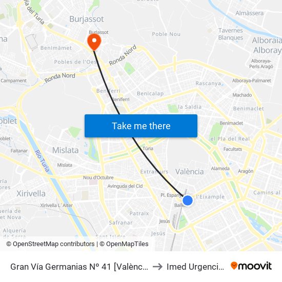 Gran Vía Germanias Nº 41 [València] to Imed Urgencias map