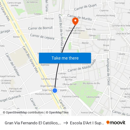 Gran Vía Fernando El Católico, 10 – Estació Metro Ángel Guimerá [València] to Escola D'Art I Superior De Disseny De València map