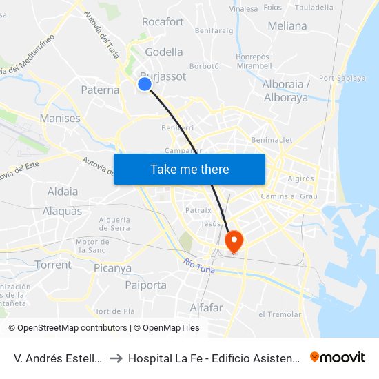 V. Andrés Estellés to Hospital La Fe - Edificio Asistencial map