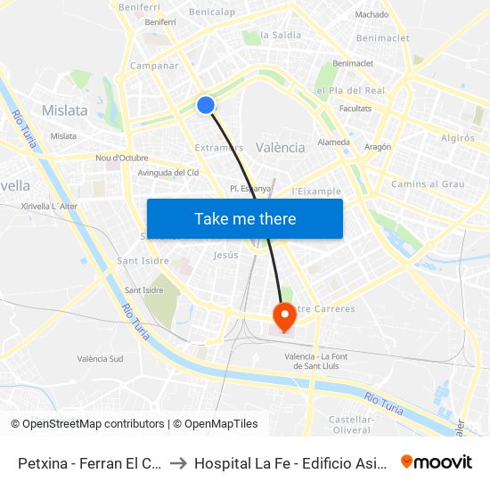 Petxina - Ferran El Catòlic to Hospital La Fe - Edificio Asistencial map