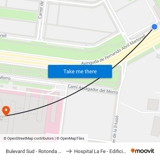 Bulevard Sud - Rotonda Ausiàs March to Hospital La Fe - Edificio Asistencial map