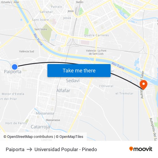 Paiporta to Universidad Popular - Pinedo map