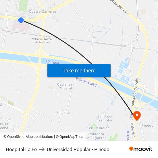 Hospital La Fe to Universidad Popular - Pinedo map