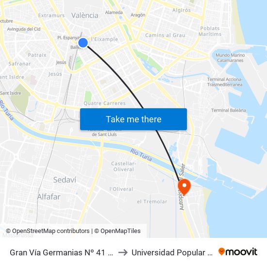 Gran Vía Germanias Nº 41 [València] to Universidad Popular - Pinedo map