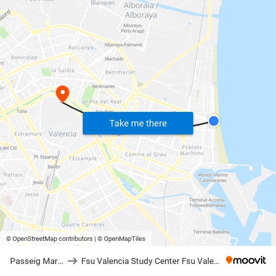 Passeig Marítim - Pavia to Fsu Valencia Study Center Fsu Valencia International Program map