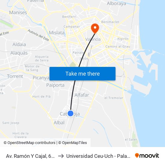Av. Ramón Y Cajal, 68 [Catarroja] to Universidad Ceu-Uch - Palacio De Colomina map