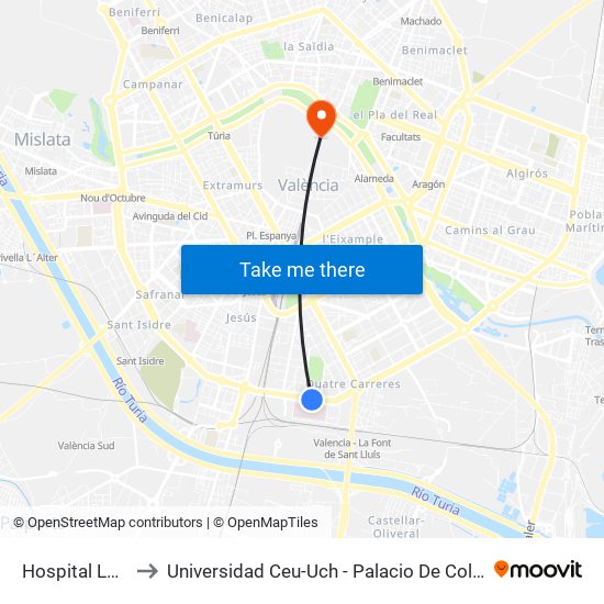 Hospital La Fe to Universidad Ceu-Uch - Palacio De Colomina map