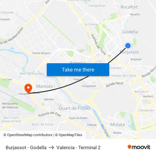 Burjassot - Godella to Valencia - Terminal 2 map