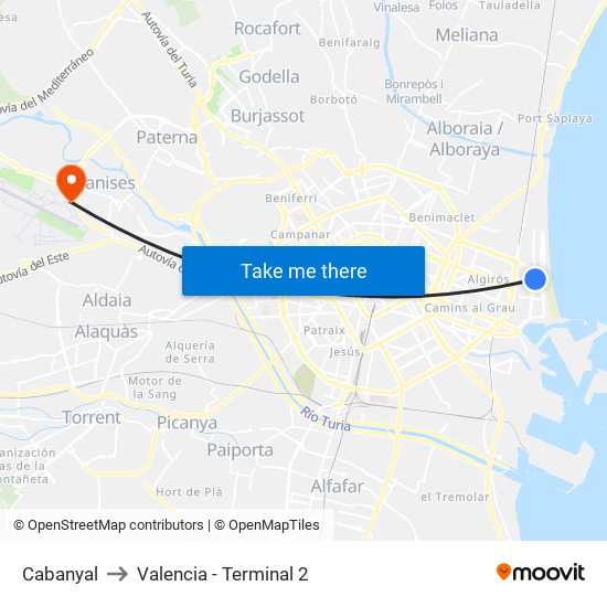 Cabanyal to Valencia - Terminal 2 map