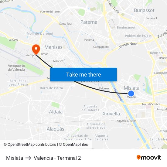 Mislata to Valencia - Terminal 2 map