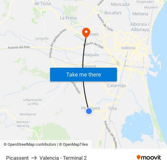 Picassent to Valencia - Terminal 2 map