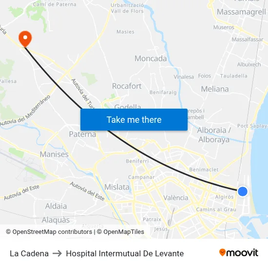 La Cadena to Hospital Intermutual De Levante map