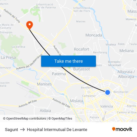 Sagunt to Hospital Intermutual De Levante map