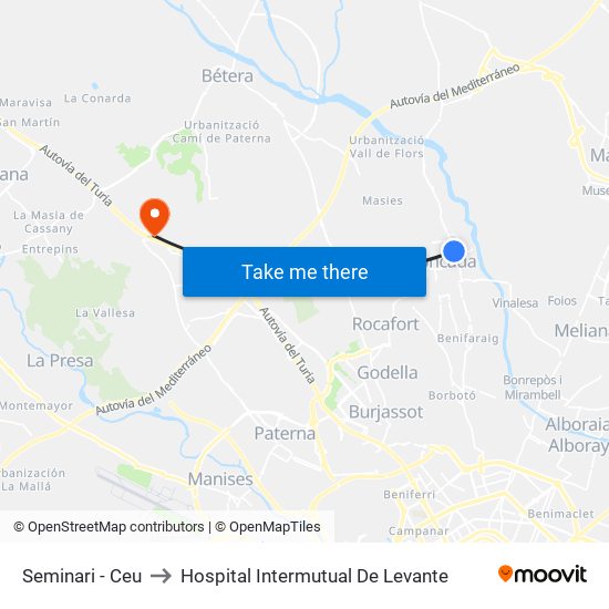 Seminari - Ceu to Hospital Intermutual De Levante map