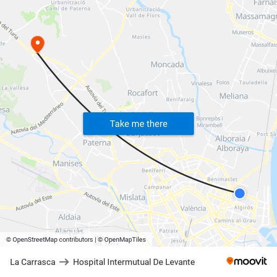 La Carrasca to Hospital Intermutual De Levante map